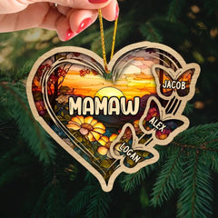 Personalized Christmas Mom Grandma Butterfly Heart Stained Glass Pattern Acrylic Ornament