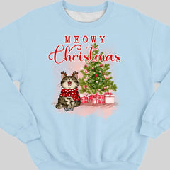 Meowy Christmas, Christmas Tree & Gifts, Personalized Cat Breeds Sweatshirt, Sweatshirt For Cat Lovers