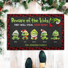 Beware the Kids, Gift for Family, Green Monster Kids - Personalized Door Mat, Christmas