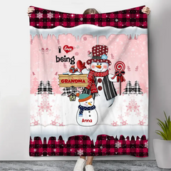 Personalized I Love Being Grandma Snowman with Kid Names Sherpa or Fleece Blanket Printed