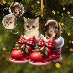 Cute Pet On Christmas Shoes - Personalized Custom Photo Mica Ornament - Christmas Gift For Pet Lovers, Pet Owners