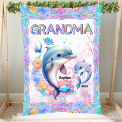 Personalized Grandma Dolphin & Kid Names Sherpa or Fleece Blanket Printed