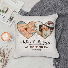 Where It All Began Personalized Map Pillow, First Date Map Print, Custom Photo Pillow Gift