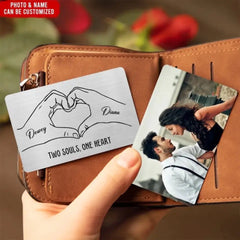 Two Souls One Heart with Couple Photo - Personalized Metal Wallet Card, Anniversary Gift for Him/Her/Wife/Husband/Finance