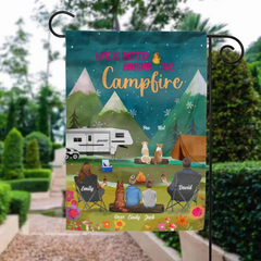 Custom Personalized Camping Flag Sign - Gift Idea For Family/Camping Lover - Couple/ Parents/ Single Parent With Up to 4 Kids And 4 Pets - Life Is Better Around The Campfire