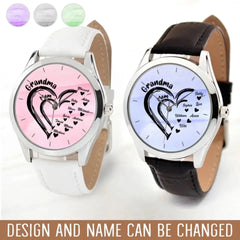 Personalized Grandma & Mom Heart Kid Names Women Watch Leather Band Printed