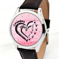 Personalized Grandma & Mom Heart Kid Names Women Watch Leather Band Printed