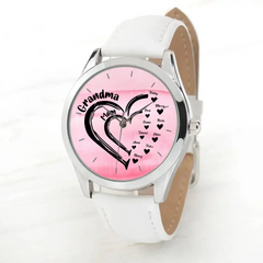 Personalized Grandma & Mom Heart Kid Names Women Watch Leather Band Printed