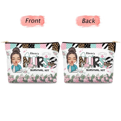 Nurse Survival Kit Pink Floral - Personalized Custom Canvas Makeup Bag - Nurse's Day, Appreciation Gift For Nurse