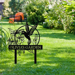 Personalized Hummingbird Metal Garden Sign, Custom Flower Design with Stakes