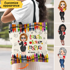 Colorful Crayon Teach Love Inspire Cute Pretty Doll Teacher Personalized Tote bag Perfect Teacher's Day Gift