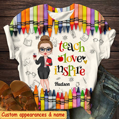 Colorful Crayon Teach Love Inspire Cute Pretty Doll Teacher Personalized 3D T-shirt Perfect Teacher's Day Gift