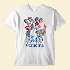 4th of July Grandma Auntie Mom Bike With Little Balloon Kids American Flag Pattern Personalized Shirt