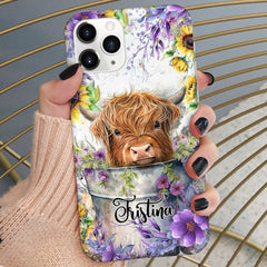 Flower Baby Highland Cow In Bucket, Love Cow Cattle Farm Personalized Phone Case