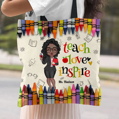 Colorful Crayon Teach Love Inspire Cute Pretty Doll Teacher Personalized Tote bag Perfect Teacher's Day Gift