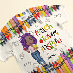 Colorful Crayon Teach Love Inspire Cute Pretty Doll Teacher Personalized 3D T-shirt Perfect Teacher's Day Gift