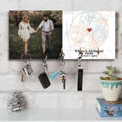 When It Began With Map - Personalized Wooden Key Holder Hanger - Best Gifts for Her Him Dad Mom Family