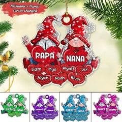 Colorful Christmas Light Gnome Couple Papa Mom Grandma Nana Daddy Loves Sweet Heart Kids Personalized Ornament