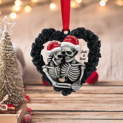 Black Rose Heart Shape - Personalized Skeleton Couple Flat Ornament, Christmas Tree Decor