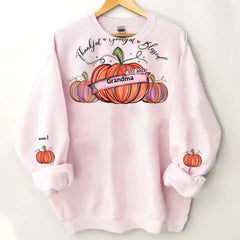 Thankful Grateful And Blessed Grandma With Pumpkin Grandkids Fall Season Personalized 2D Sweatshirt Custom Sleeve