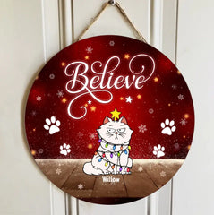 Christmas Cat  Decorations, Gifts For Cat  Lovers, Believe Red Xmas Background Welcome Door Signs , Cat  Mom Gifts