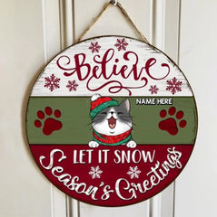 Christmas Door Decorations, Gifts For Cat Lovers, Believe Let It Snow Season's Greetings Welcome Door Signs , Cat Mom Gifts