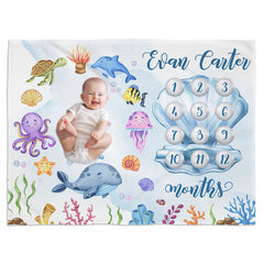 Cute Ocean Animal Baby Custom Name Milestone Blanket Baby Month Blanket For Baby