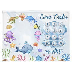 Cute Ocean Animal Baby Custom Name Milestone Blanket Baby Month Blanket For Baby