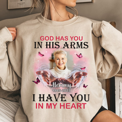 Memorial Pinky Butterflies Custom Photo, God Has You In His Arms I Have You In My Heart Personalized Sweatshirt