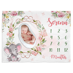 Rose Floral Wreath Woodland Elephant Baby Custom Name Milestone Blanket Baby Month Blanket For Baby